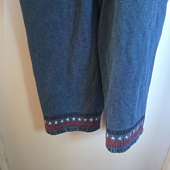 Vintage 90s Denim Overalls Capris American Flag Med Blue Jean USA Embroidered - Picture 7 of 9